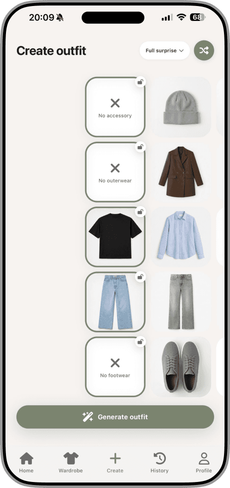 Look creation screen in Closet AI